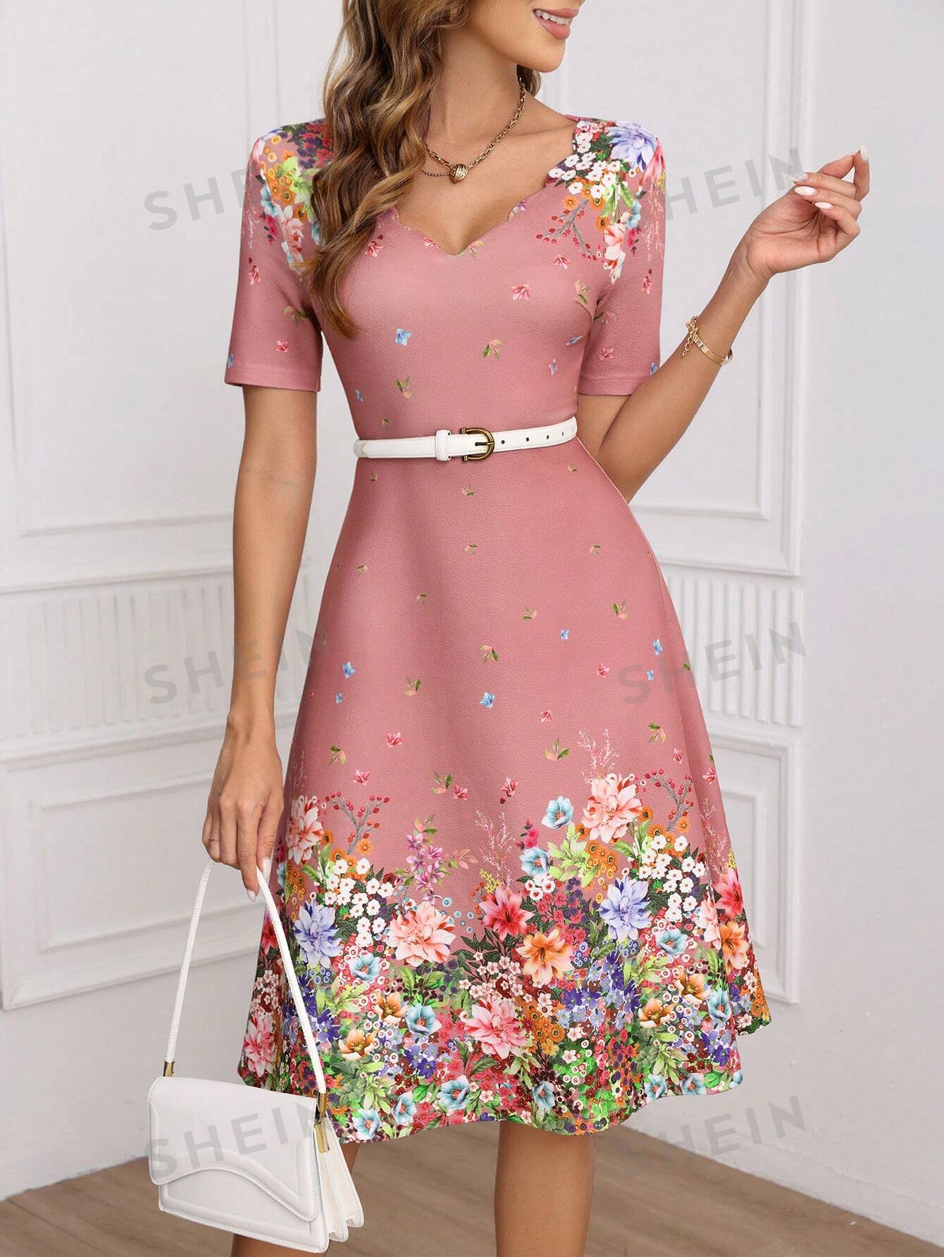 SHEIN Clasi Женское платье миди с v-образным вырезом и короткими рукавами с цветочным принтом, пыльный розовый