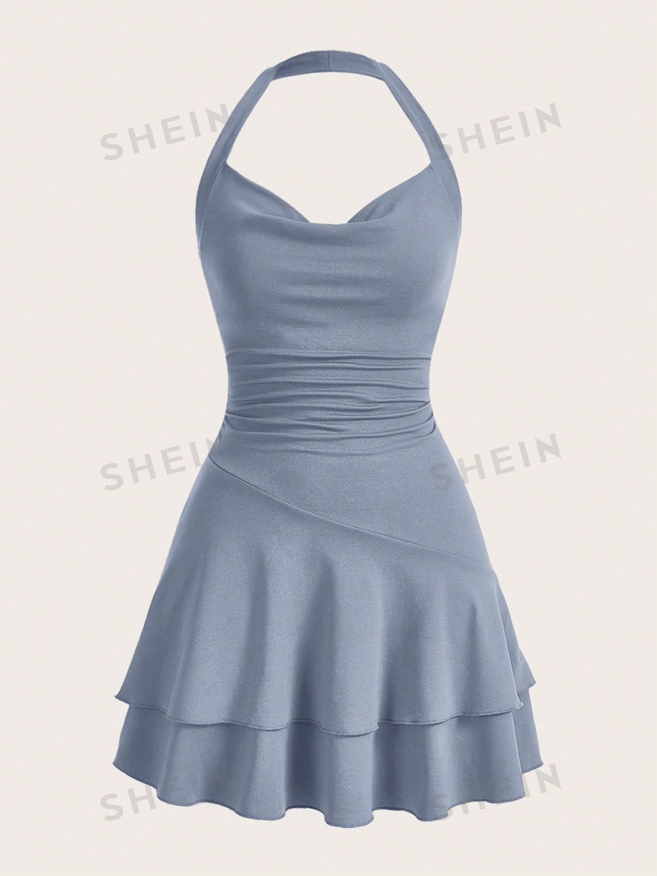 SHEIN MOD однотонное женское платье с бретелькой на шее и многослойным подолом, пыльный синий женское платье с лямкой на шее синее повседневное офисное платье с оборками и открытыми плечами лето 2022