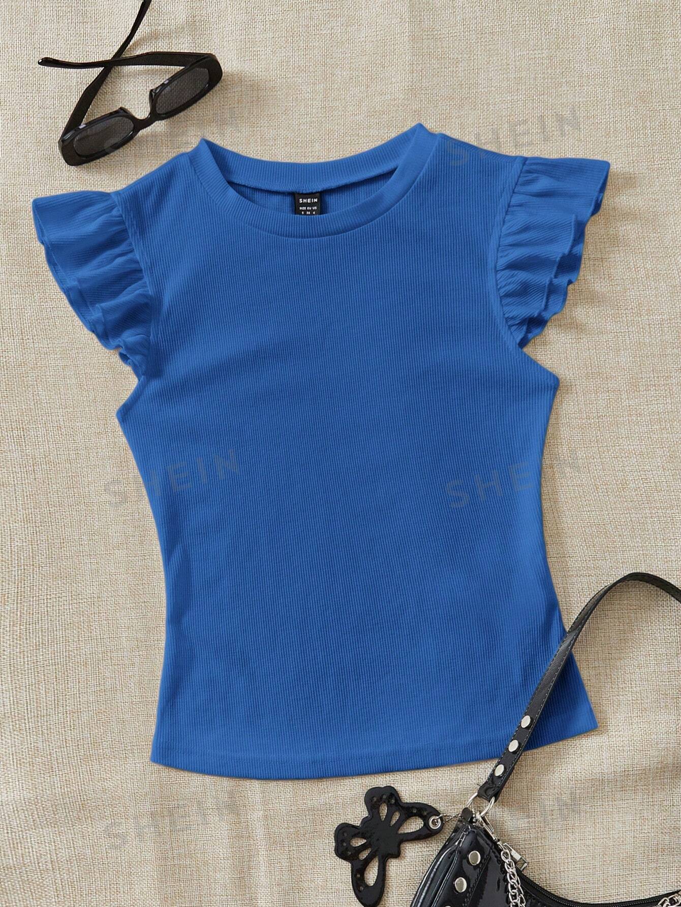 SHEIN WYWH трикотажная однотонная женская футболка с круглым вырезом и короткими рукавами, королевский синий