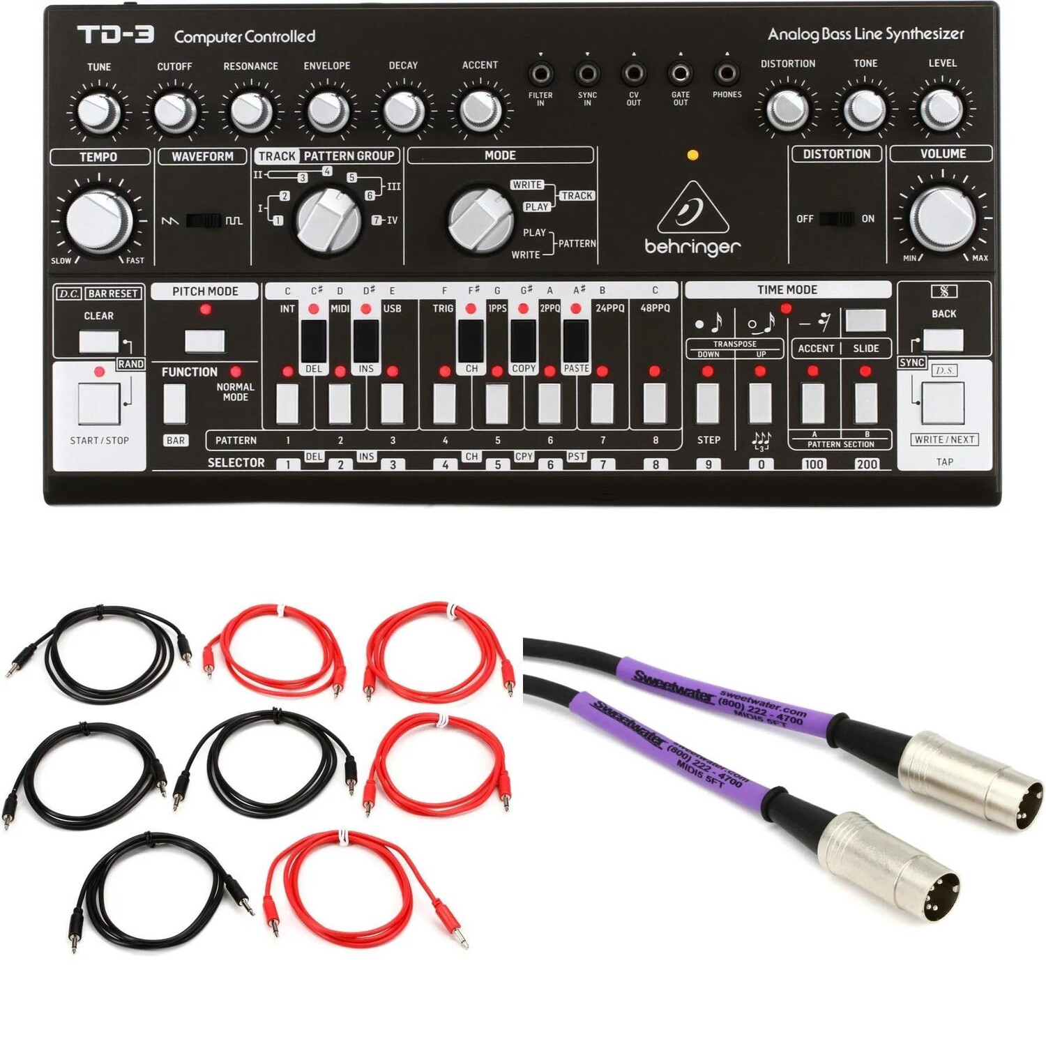 

Новый аналоговый синтезатор басовой линии Behringer TD-3-BK с кабелями — черный