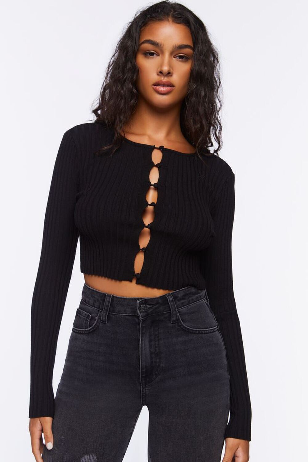 

Свитер-кардиган в рубчик с вырезом Forever 21, черный