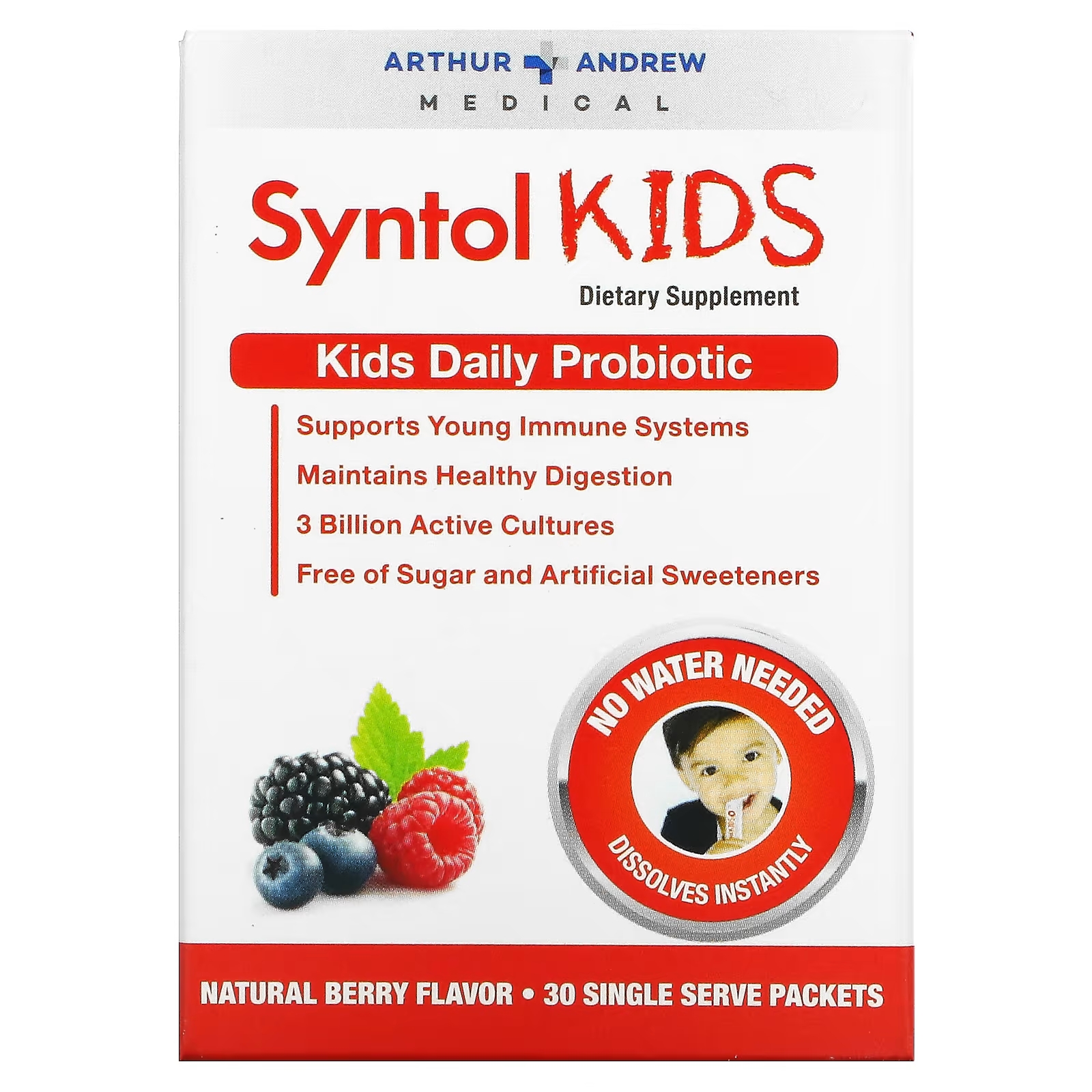 Arthur Andrew Medical Syntol Kids Kids Ежедневный пробиотик с натуральными ягодами, 30 порционных пакетов arthur andrew medical syntol