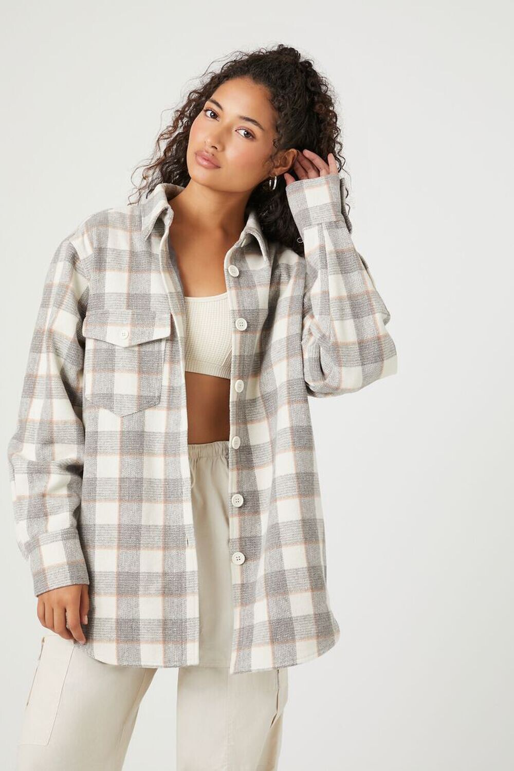 

Клетчатая куртка дальнобойщика Forever 21, слоновая кость, Бежевый