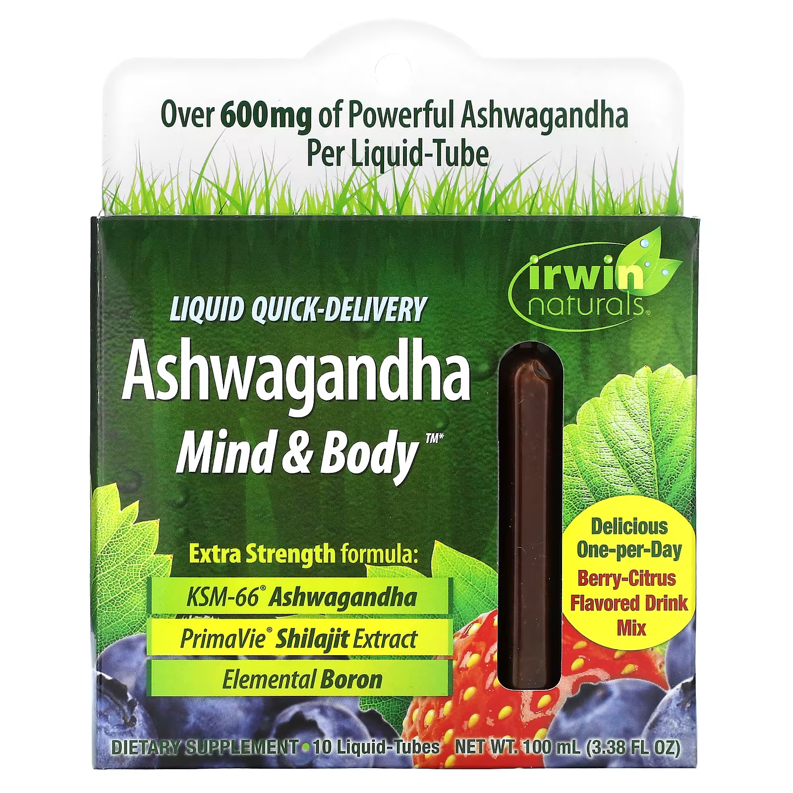 Irwin Naturals ашваганда для разума и тела, ягоды и цитрусы, 10 тюбиков с жидкостью, 100 мл (3,38 жидк. унции)
