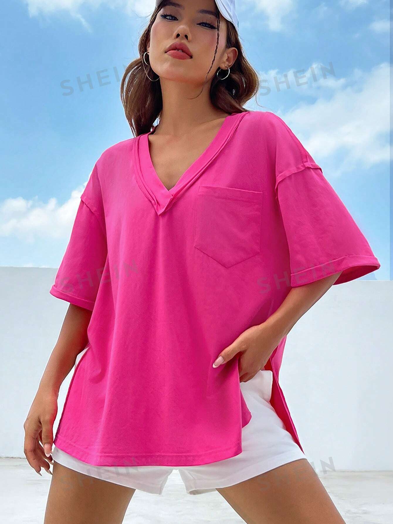 цена SHEIN EZwear Зеленая футболка свободного кроя с заниженными плечами и боковыми разрезами, ярко-розовый