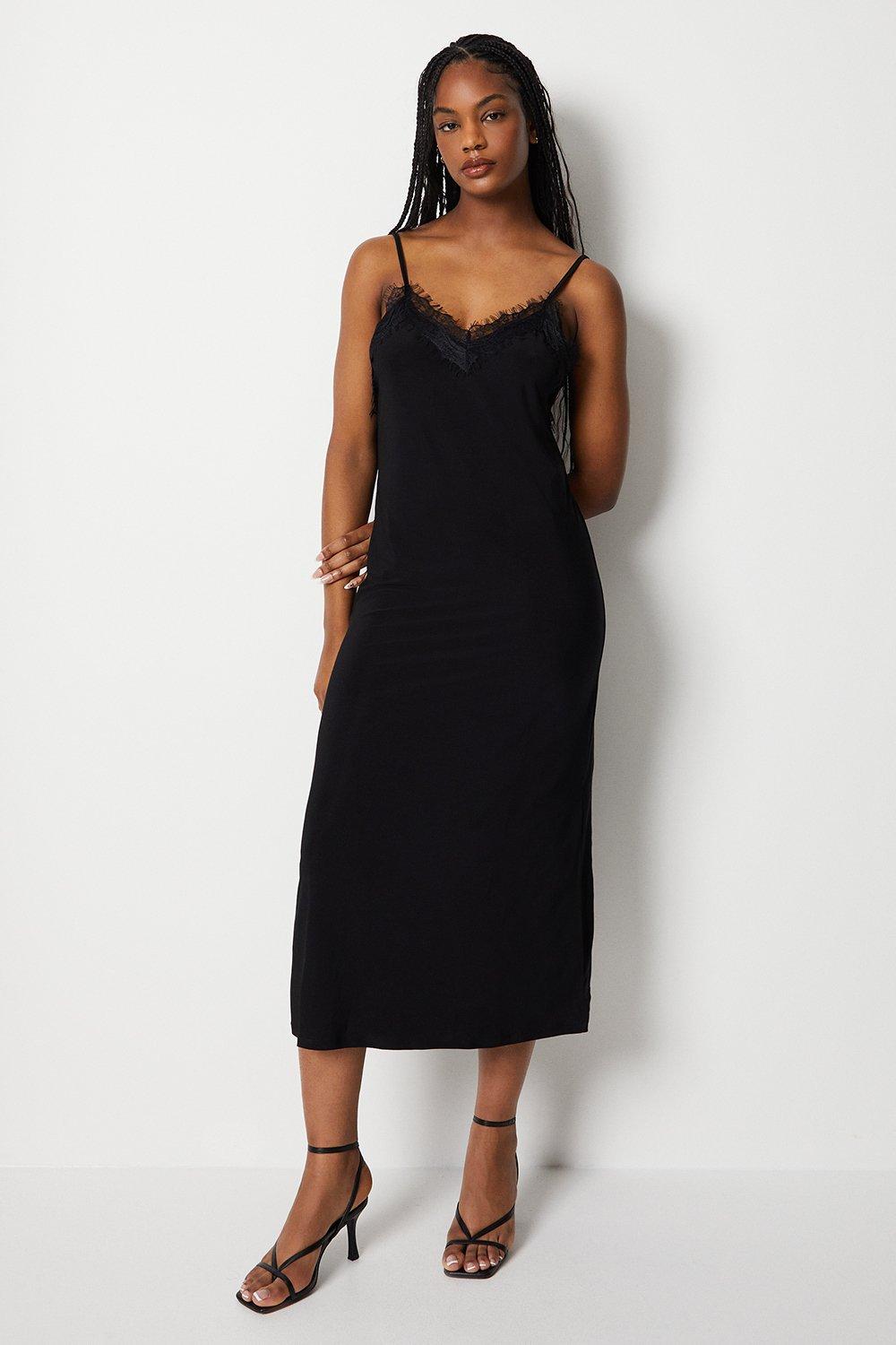 Платье-комбинация с кружевной отделкой Warehouse, черный цена и фото