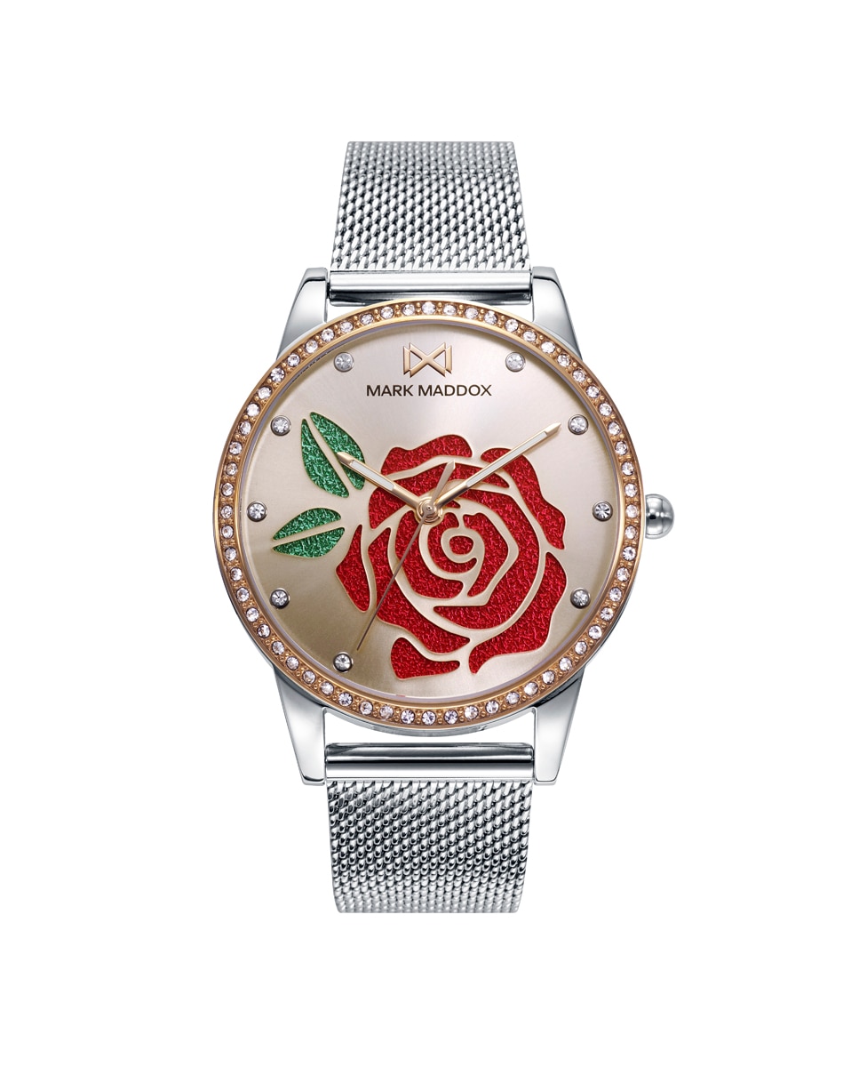 цена Женские часы Tooting с красным блестящим цветком и стальной сеткой Mark Maddox, серебро