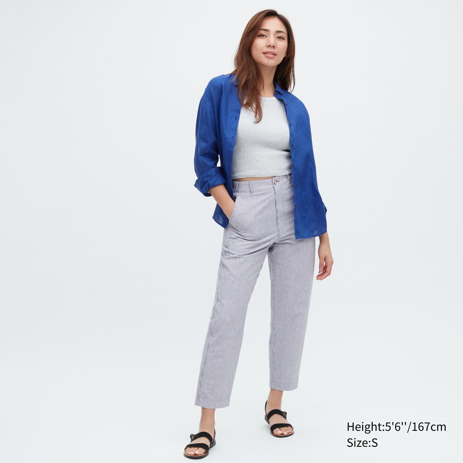 

Полосатые зауженные брюки из льняной смеси хлопка Uniqlo, синий