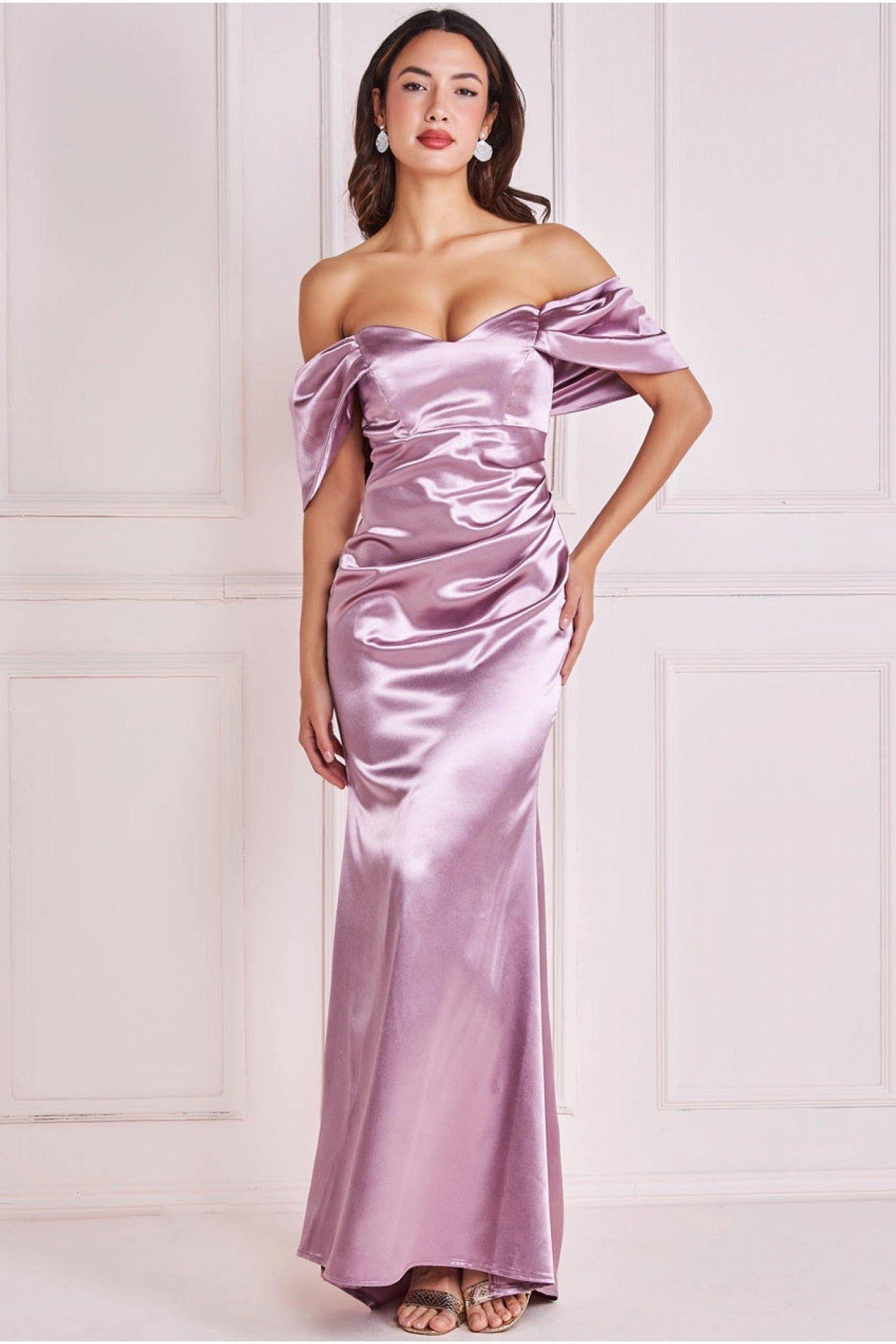 Атласное платье макси с открытыми плечами и V-образным вырезом Goddiva, розовый цена и фото