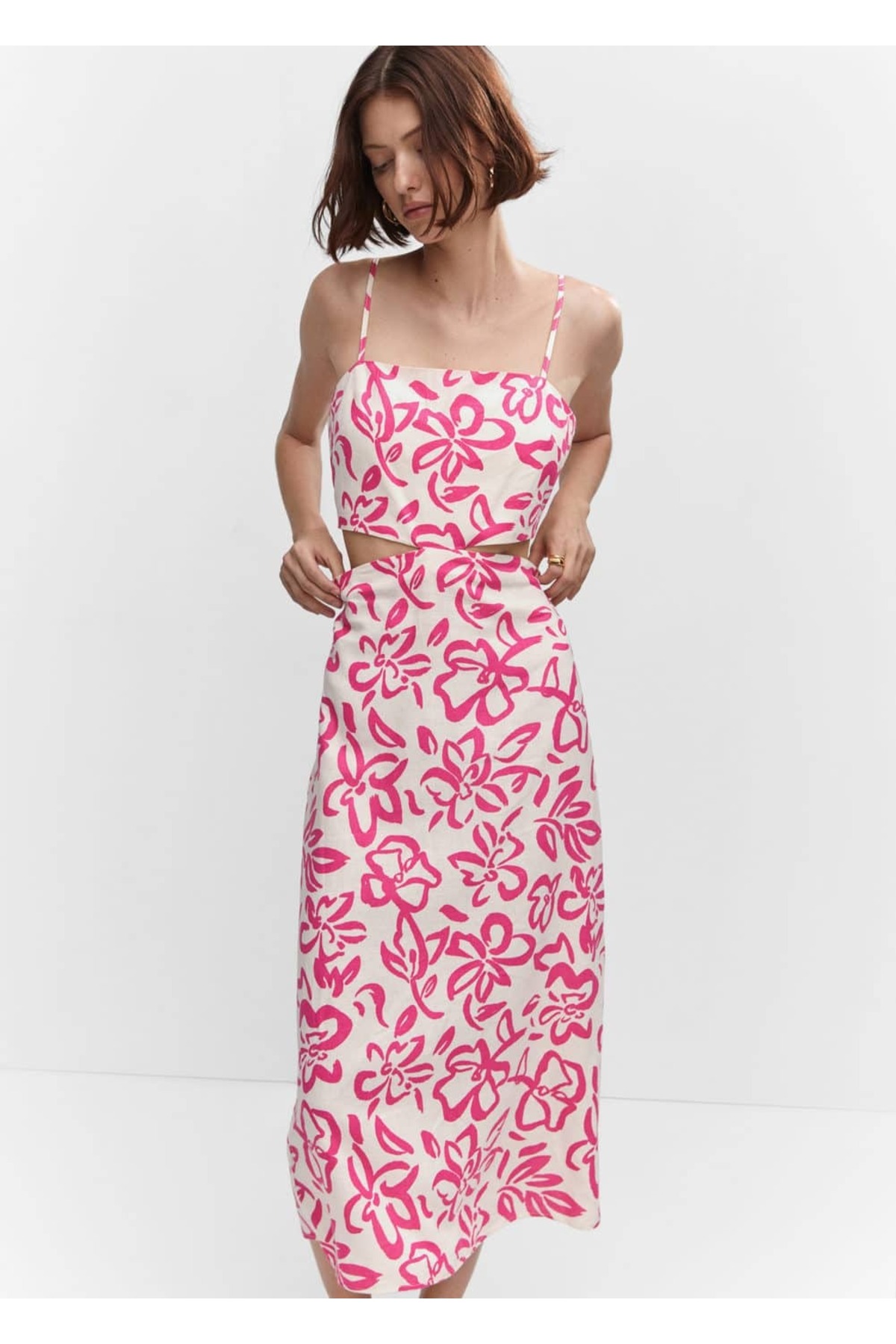 Платье из смесового льна с вырезом Mango, розовый