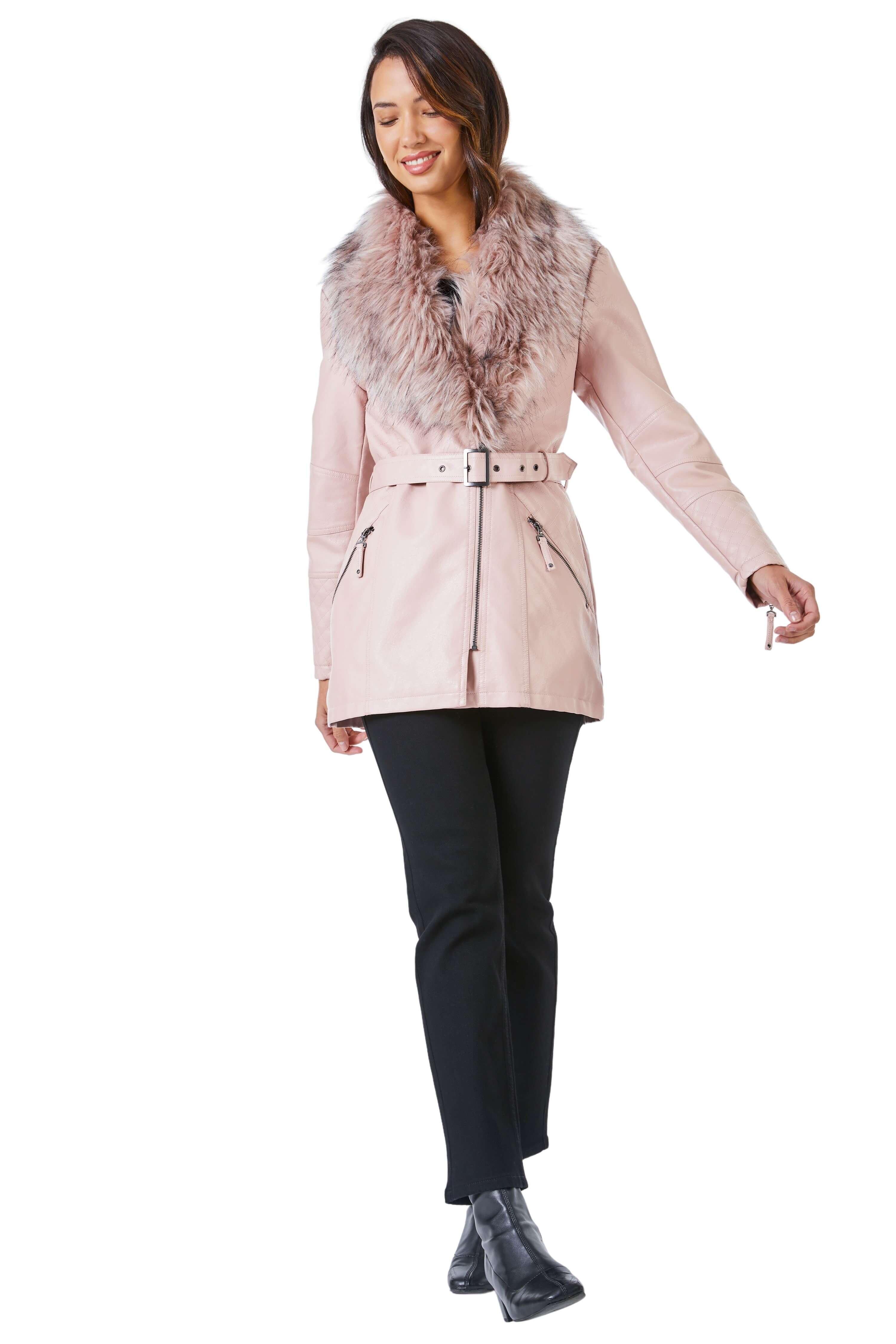 Длинное пальто из искусственной кожи с поясом Roman, розовый