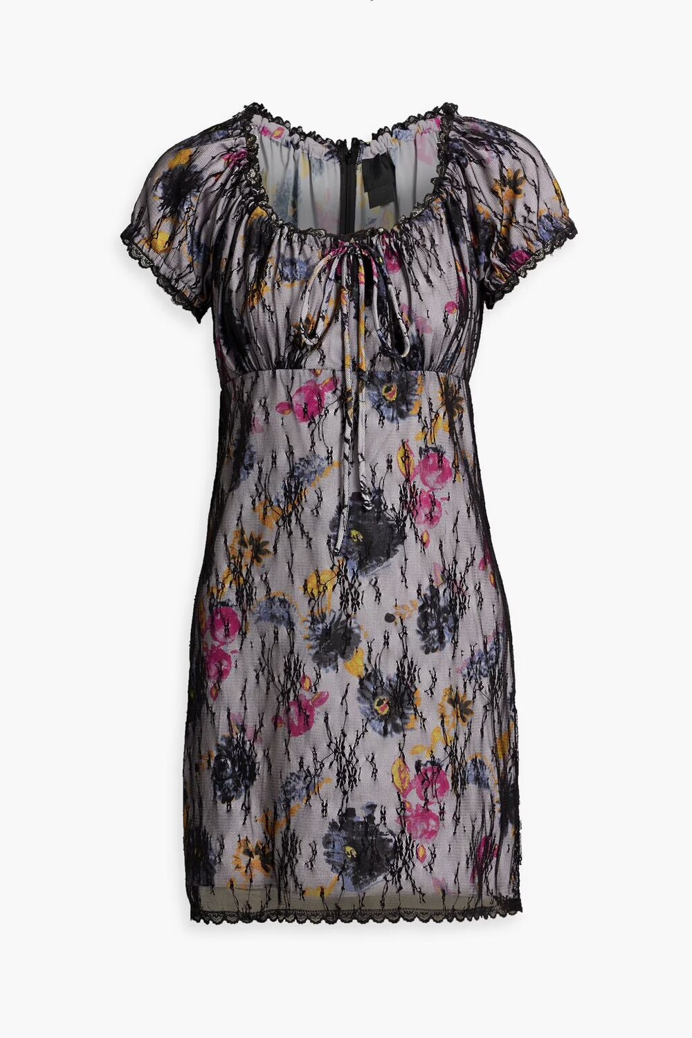 

Многослойное мини-платье из крепдешина и кружева с цветочным принтом Anna Sui, сирень
