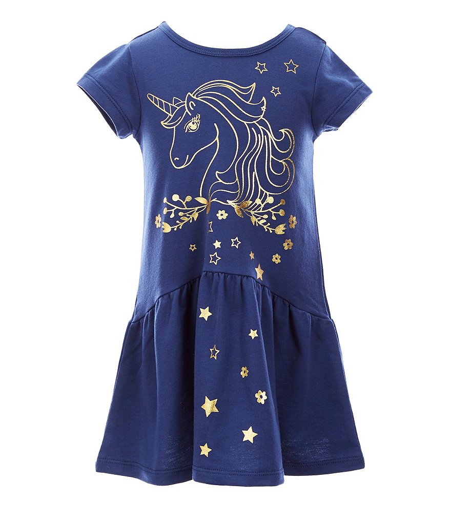 Платье Truly Me Little Girls 2T-6X с заниженной талией и фольгированным единорогом, синий