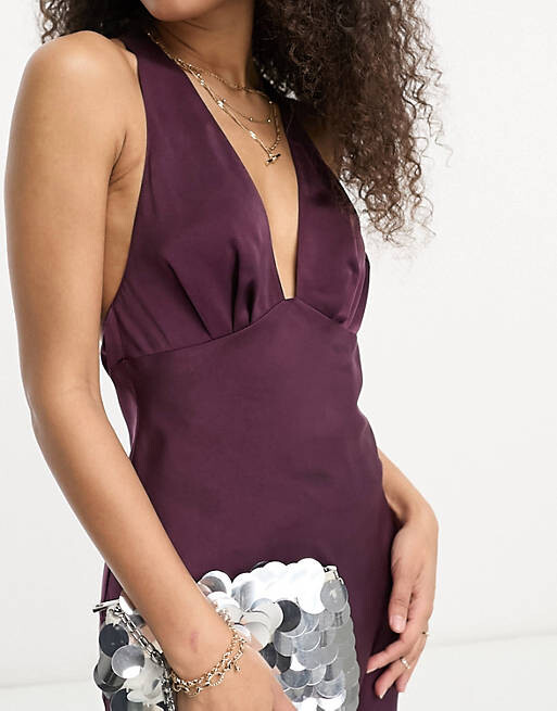 

Атласное платье миди с глубоким вырезом и сборкой на спине ASOS DESIGN