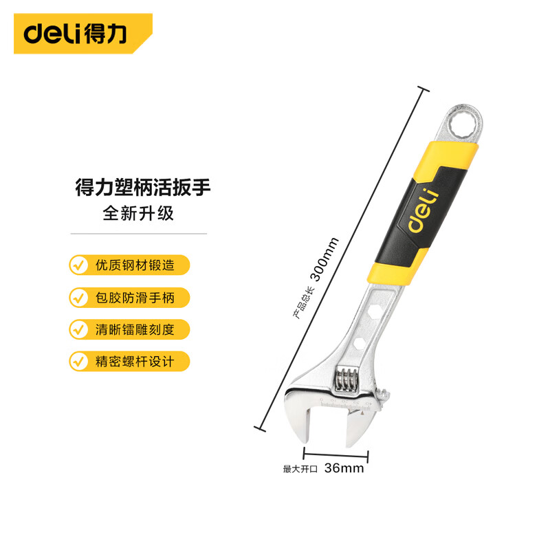 Deli высококачественный разводной ключ с пластиковой ручкой, разводной ключ с открытым зевом, 12 дюймов, DL30112