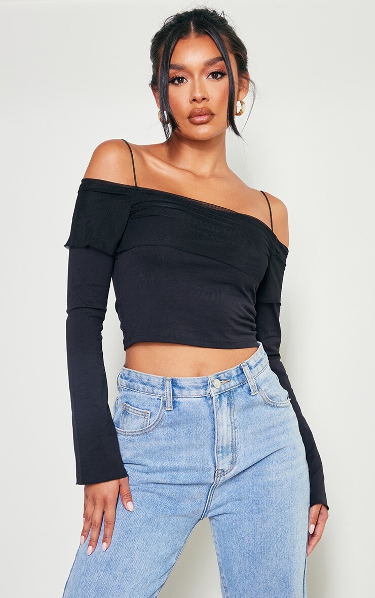 

PrettyLittleThing Черный укороченный топ с сетчатой ​​отделкой Bardot