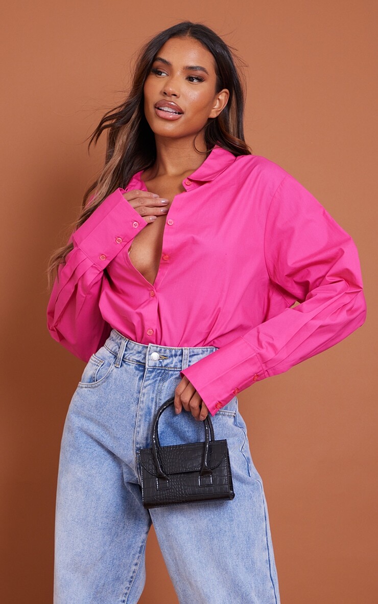 

PrettyLittleThing Ярко-розовая рубашка оверсайз из поплина с манжетами