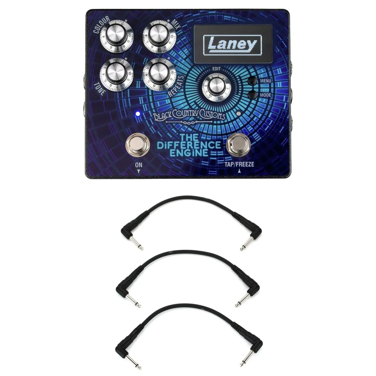 

Новая цифровая педаль задержки Laney Black Country Customs The Difference Engine с 3 соединительными кабелями