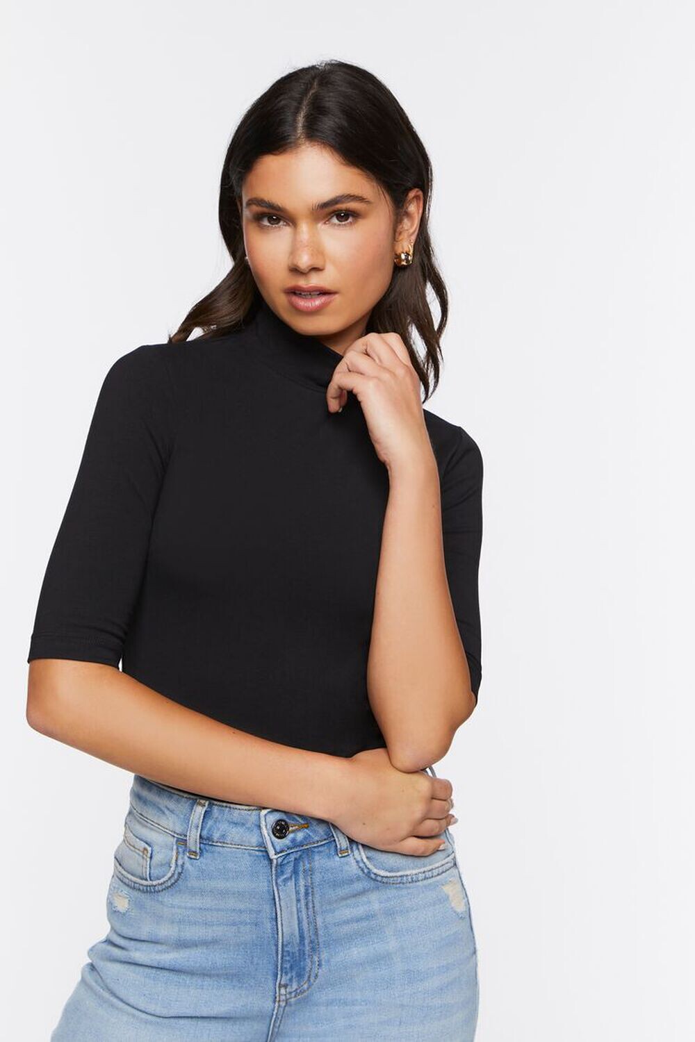 

Приталенный топ с высоким воротником Forever 21, черный