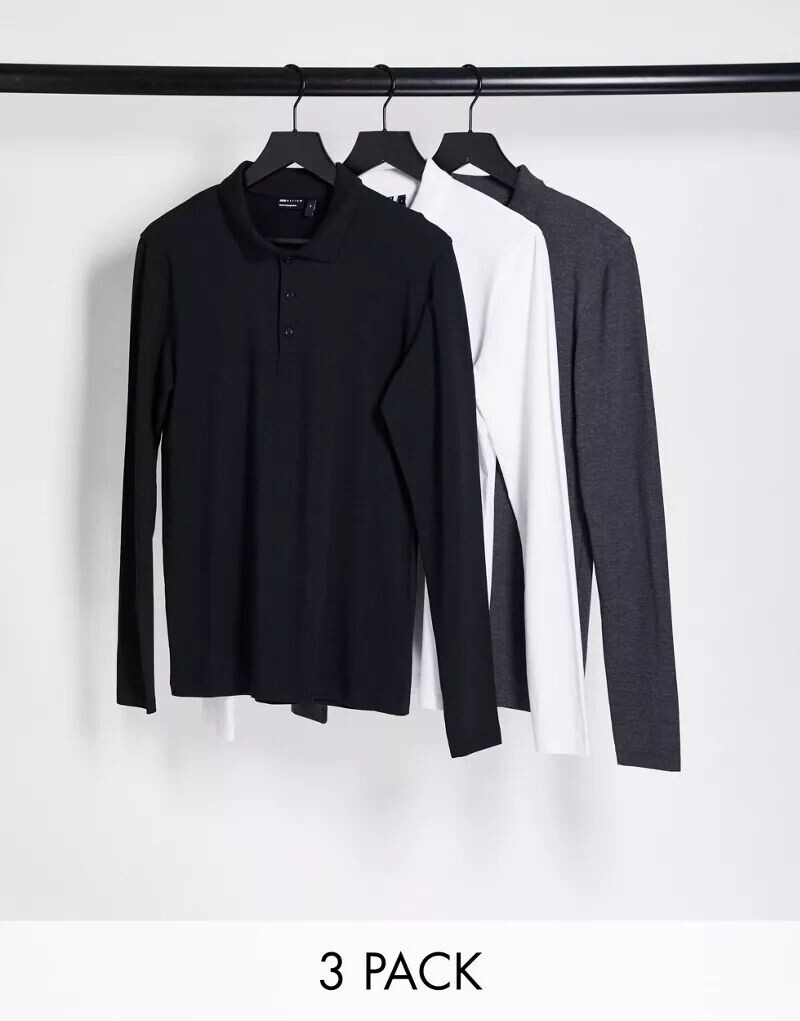 

Комплект из трех приталенных рубашек-поло с длинными рукавами ASOS белого, черного и темно-серого цветов