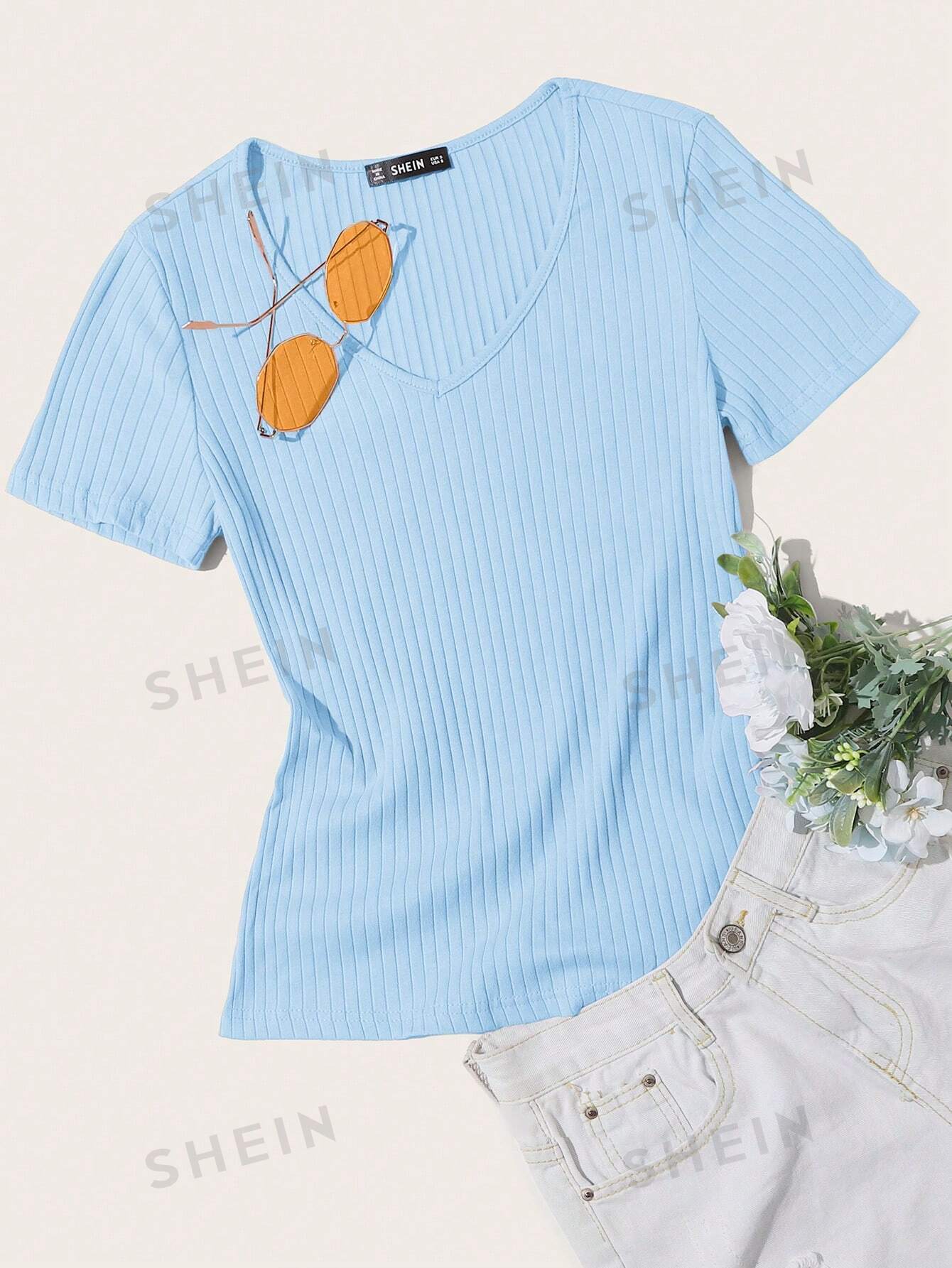 цена SHEIN Essnce однотонная повседневная трикотажная футболка в рубчик с короткими рукавами, голубые