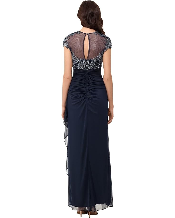 

Платье XSCAPE Short Sleeve Long Sheer Matte Jersey with Bead Top, темно-синий