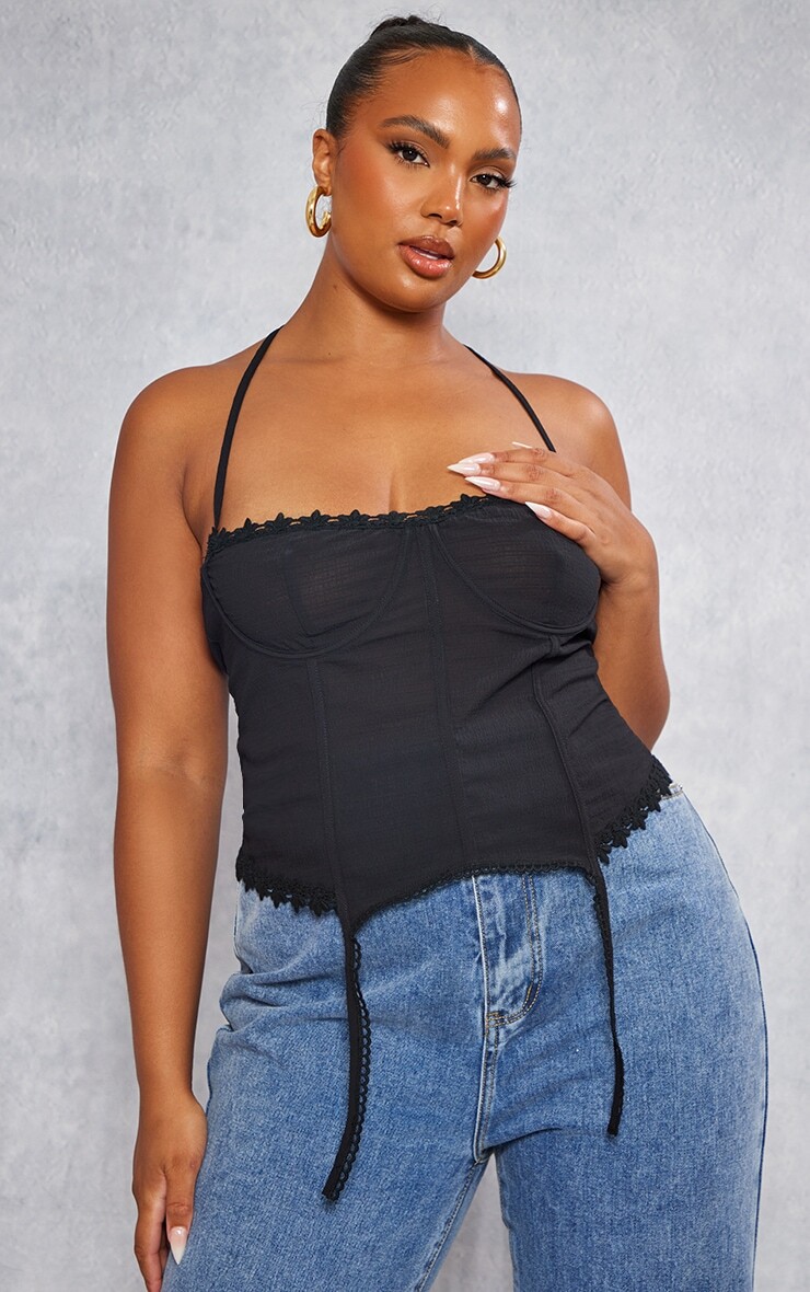 

PrettyLittleThing Черный текстурированный корсетный топ с подтяжками Plus