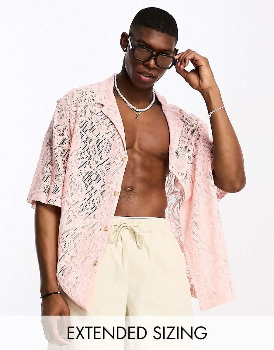

Светло-розовая кружевная рубашка оверсайз с заниженными плечами ASOS DESIGN