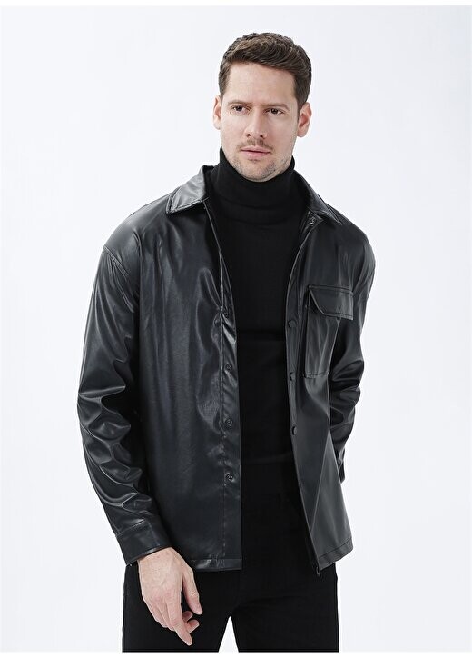 

Черная мужская рубашка свободного кроя под кожу E-ANKUR Black On Black, черный