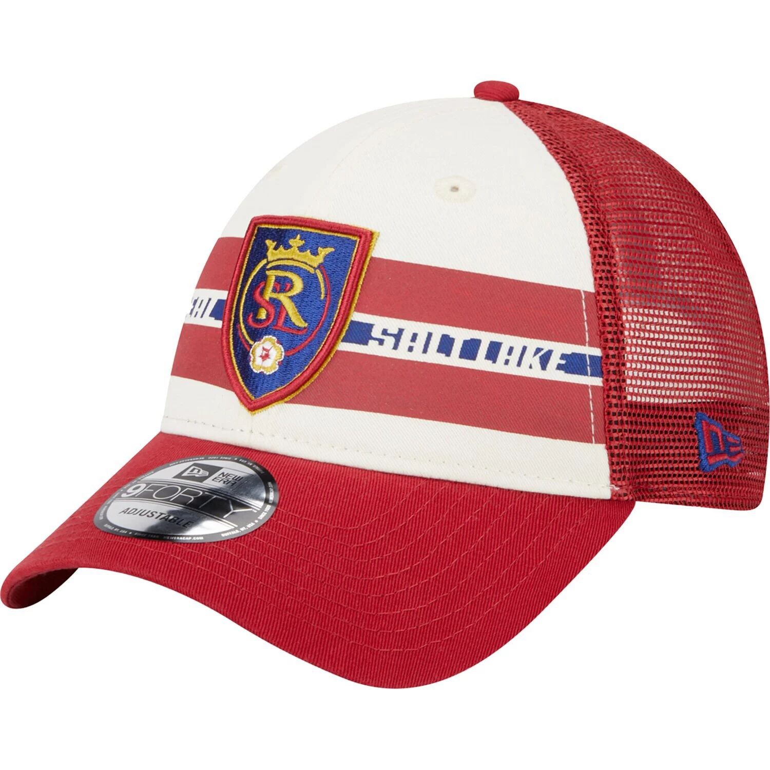 

Мужская кепка New Era белого/красного цвета с полосками Real Salt Lake Team 9FORTY Trucker Snapback