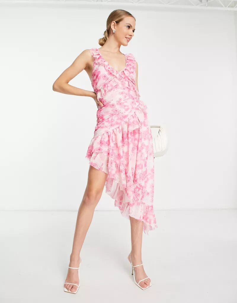 Асимметричное платье мини с воротником-бретелькой, рюшами и цветочным принтом ASOS Design