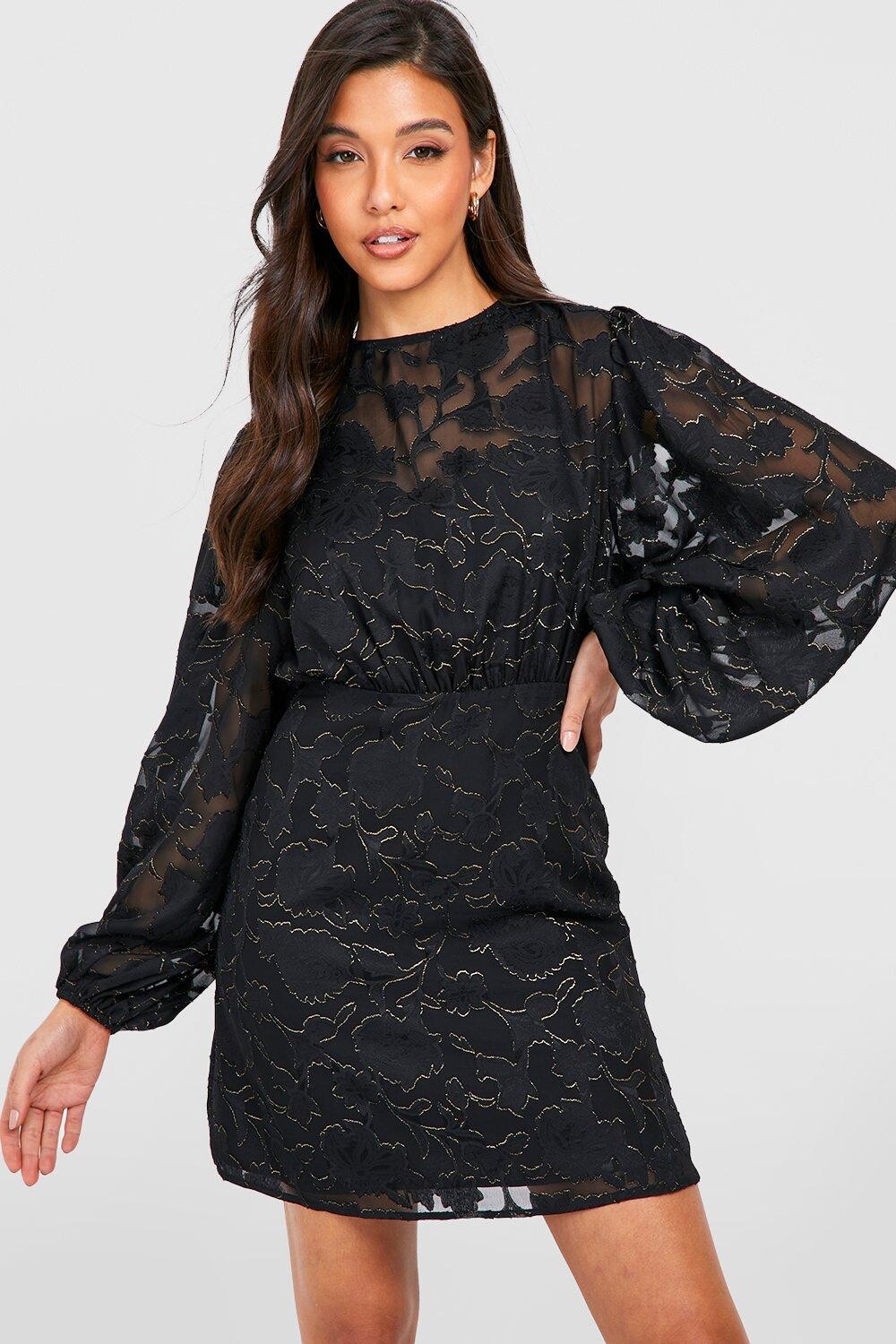 

Жаккардовое кружевное платье с рукавами Boohoo, черный
