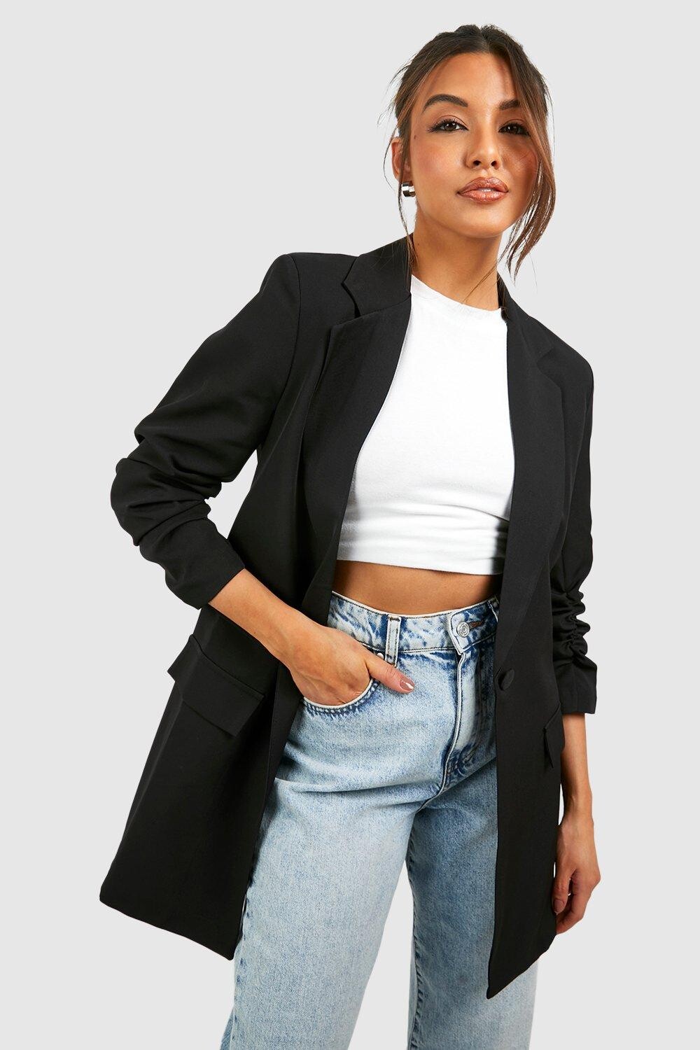 

Длинный пиджак с глубоким вырезом спереди и рюшами на рукавах boohoo, черный