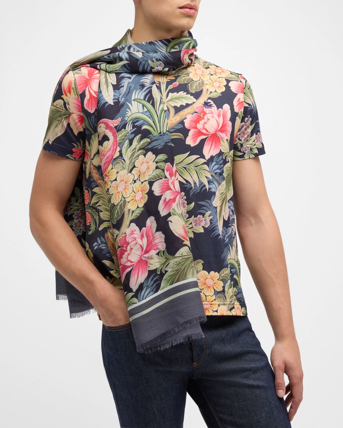 

Мужской шелковый шарф из модала с цветочным принтом Etro, цвет Print On Blue Base