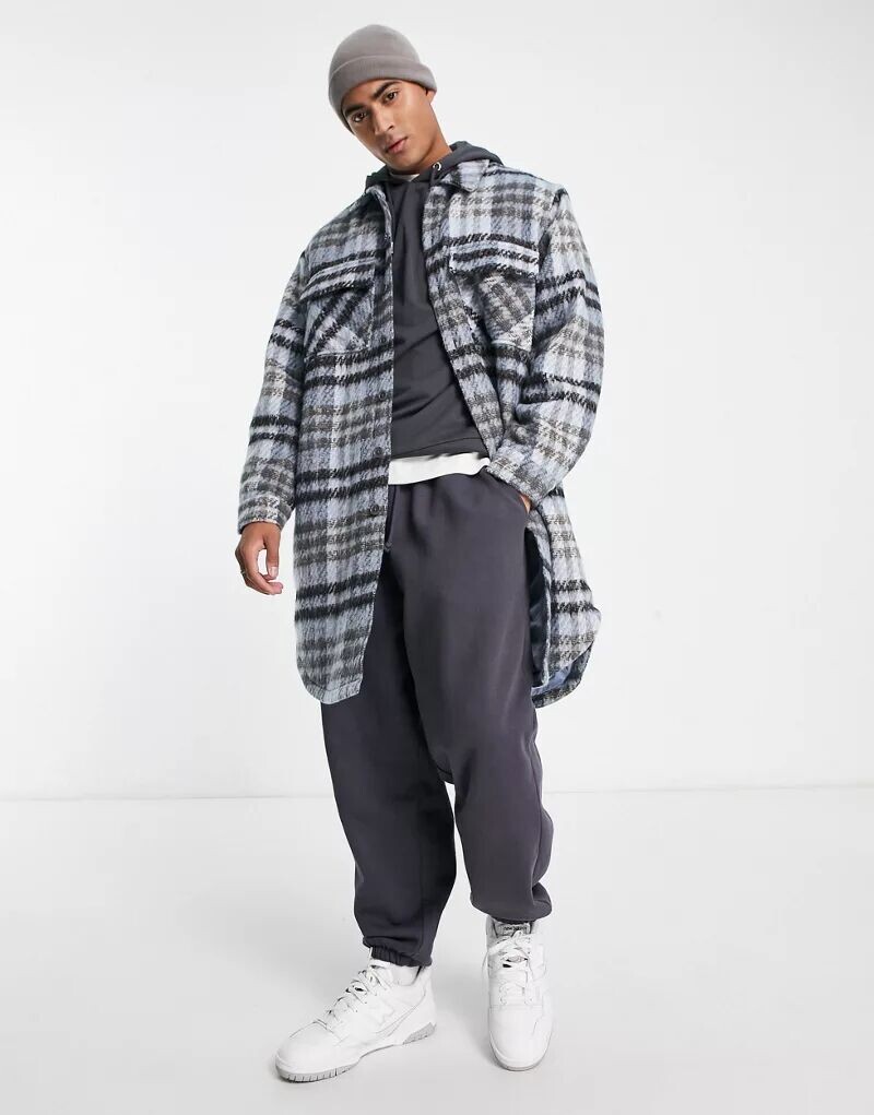 

Длинная синяя Куртка в клетку ASOS
