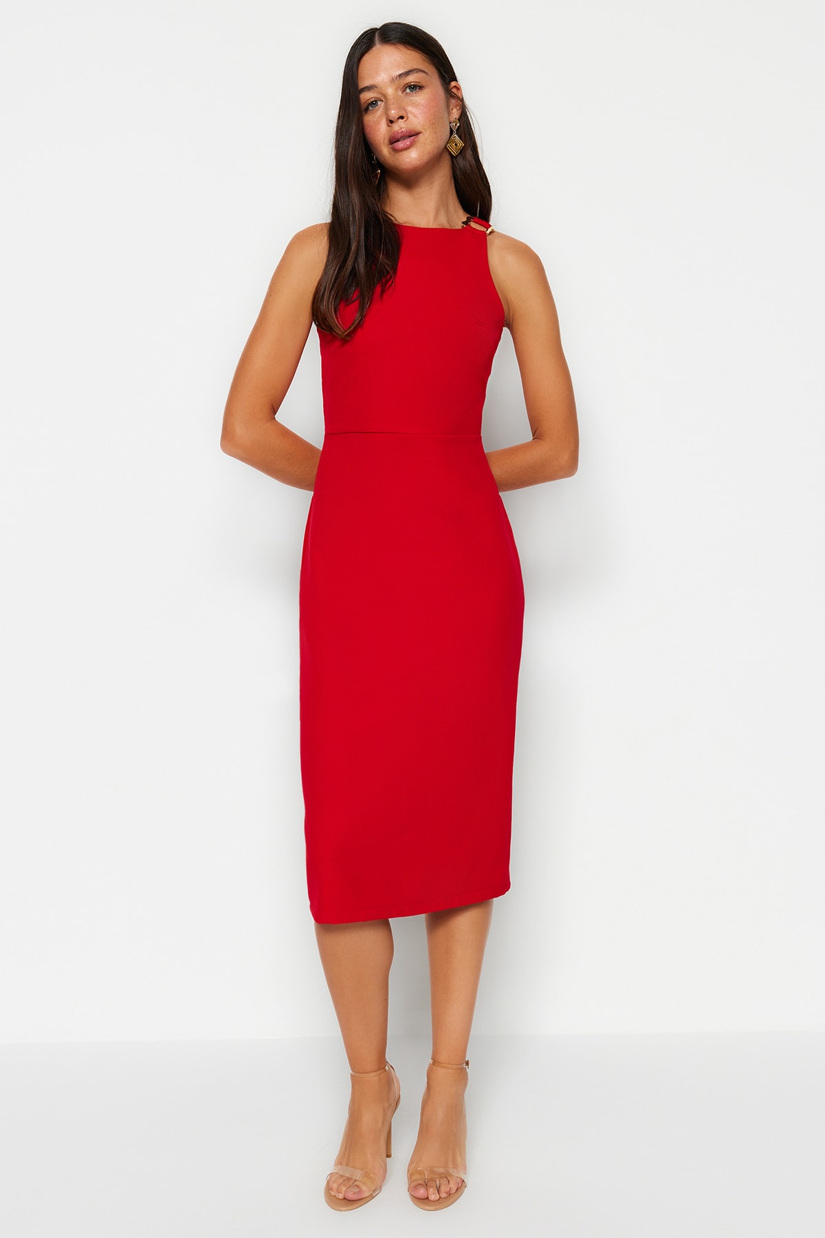 Красное тканое платье с деталью и аксессуарами Trendyol, 100% вискон платье trendyol с цветочным принтом красный