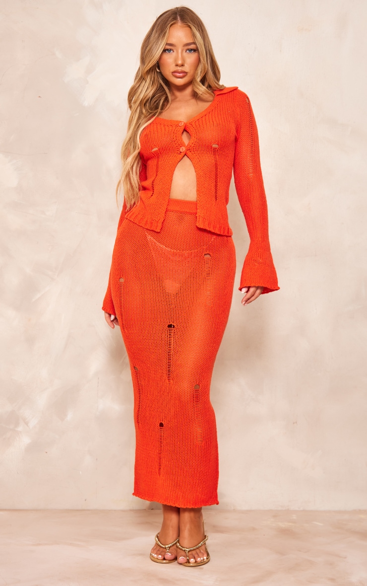 PrettyLittleThing Коралловая трикотажная длинная юбка с эффектом потертости цена и фото