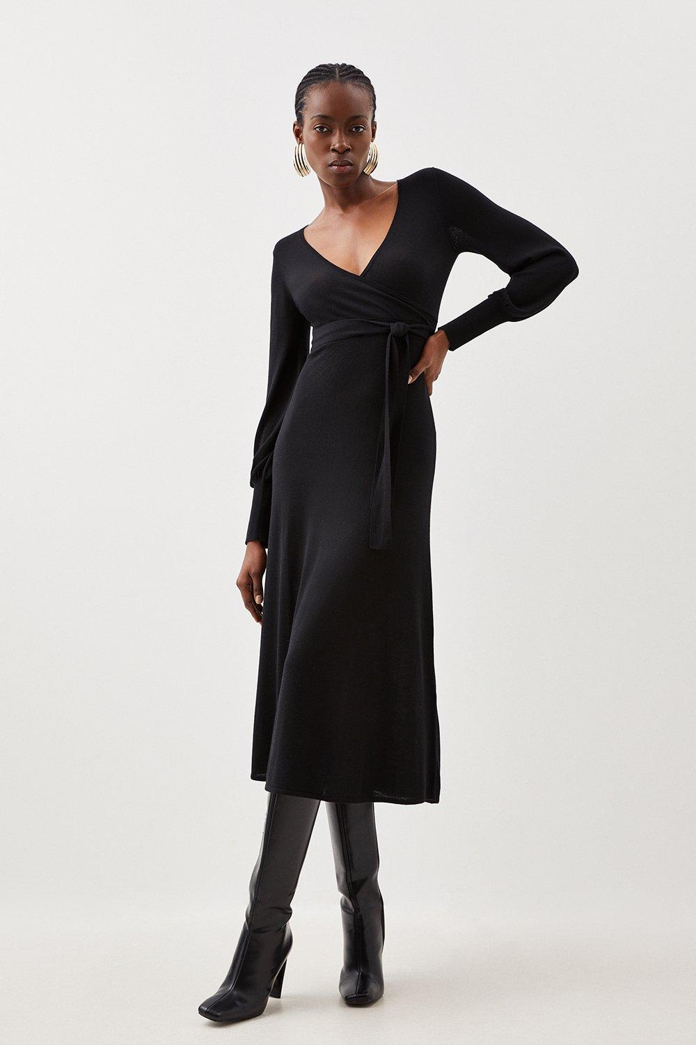 Трикотажное платье миди из смеси кашемира с запахом, длинными рукавами и поясом Karen Millen, черный