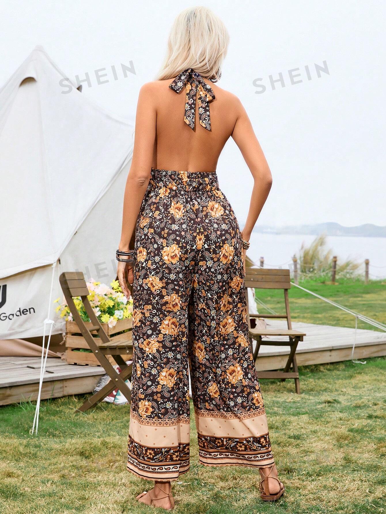 SHEIN VCAY кантри-музыка фестиваль наряды отпуск лето цветочный принт Холтер шеи длинный комбинезон для женщин, многоцветный