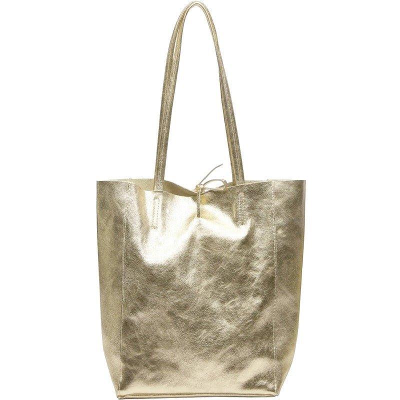 цена Большая сумка-шоппер из мягкой золотистой кожи с эффектом металлик | BYDRX Sostter, золото
