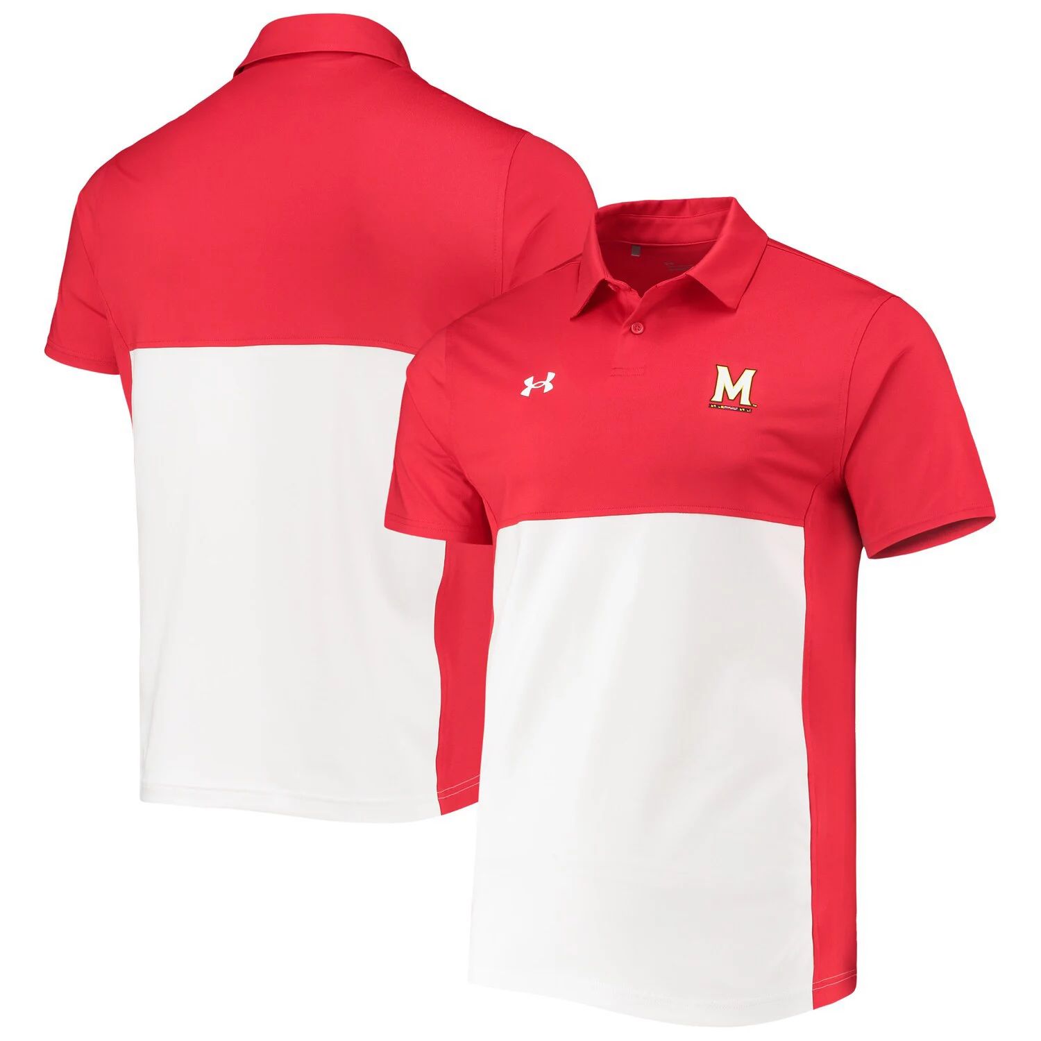 Мужская рубашка-поло Under Armour красно-белая Maryland Terrapins 2022 Blocked Coaches Performance