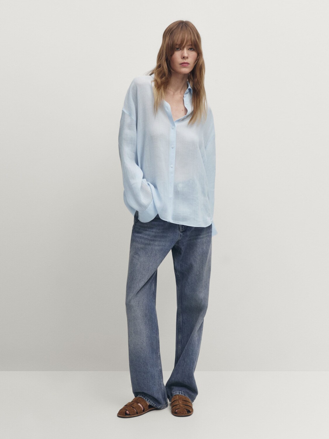 

Однотонная рубашка ramie blend Massimo Dutti, синий