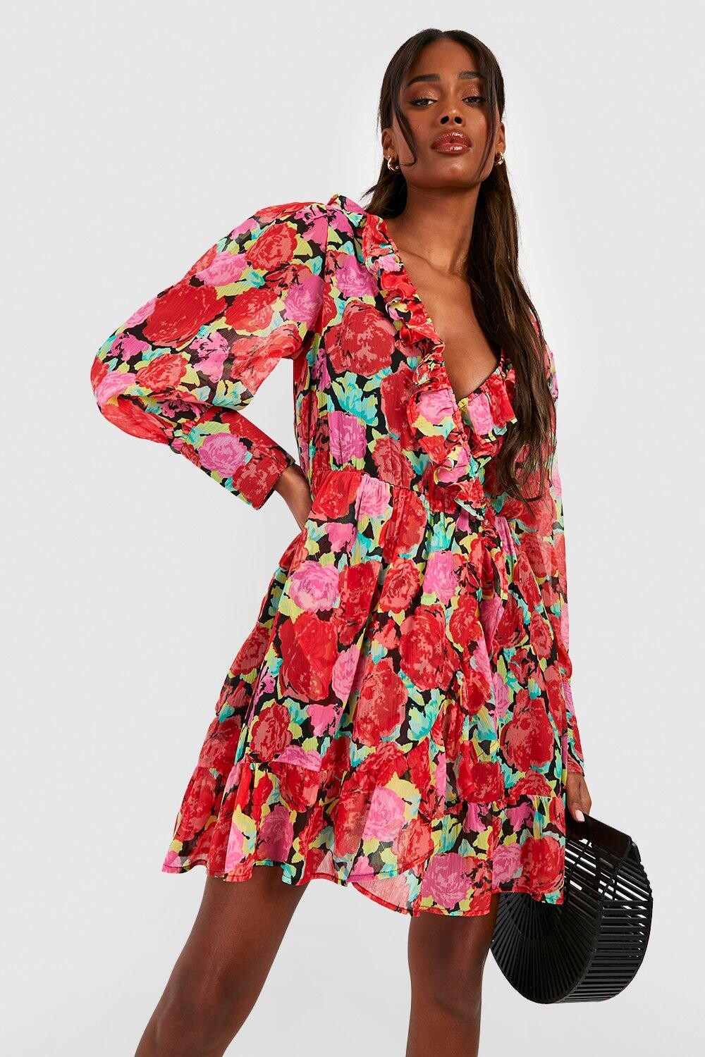 Чайное платье с принтом Boohoo, красный