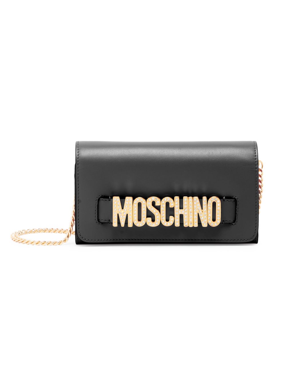 Кожаный кошелек на цепочке с логотипом Crystal Moschino, черный цена и фото