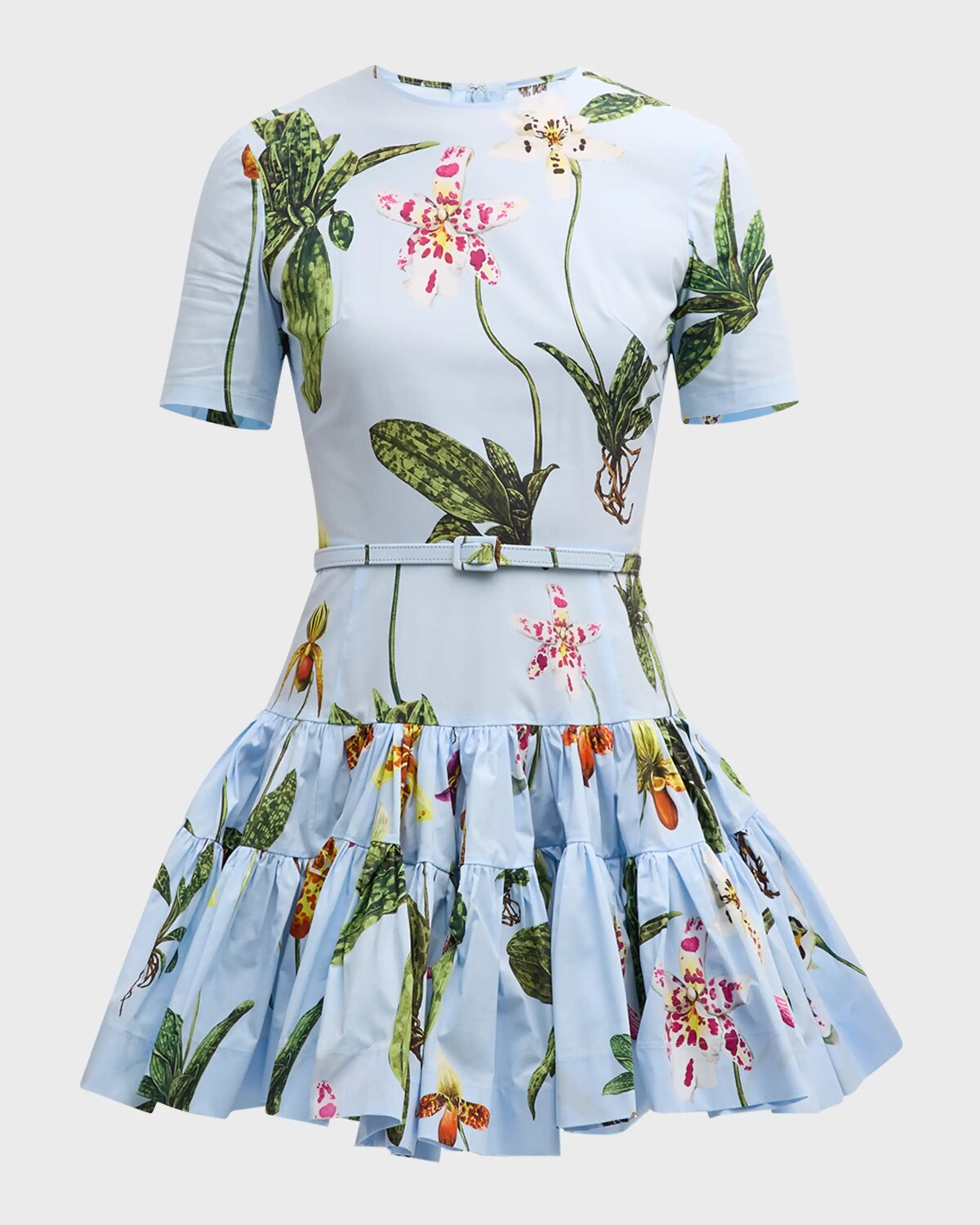 

Многоярусное мини-платье из поплина Orchid с короткими рукавами и поясом Oscar De La Renta, цвет Light Blue Multi