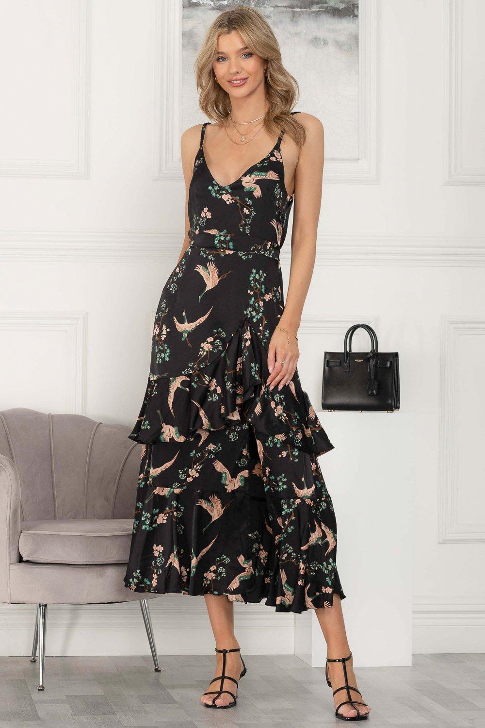 цена Атласное платье макси с принтом птиц в стиле ретро Jolie Moi, черный