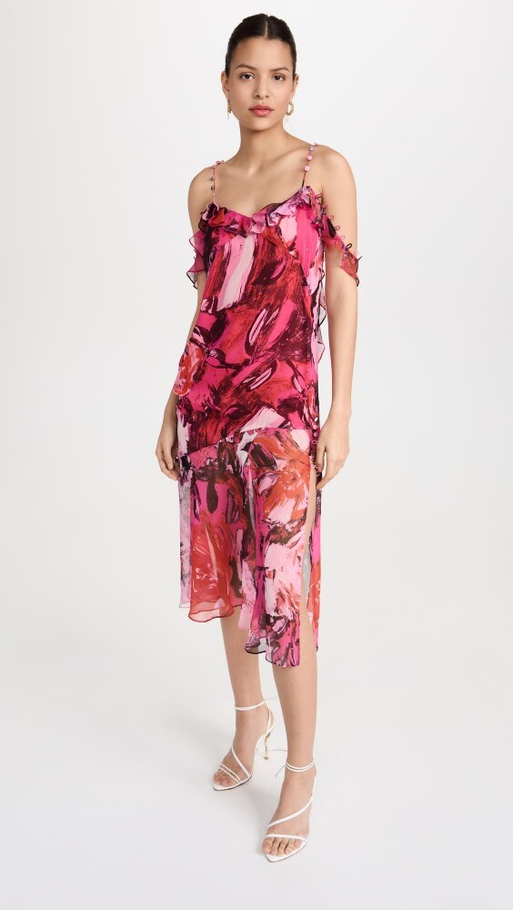

Платье миди Prabal Gurung Ruffle Slip, красный