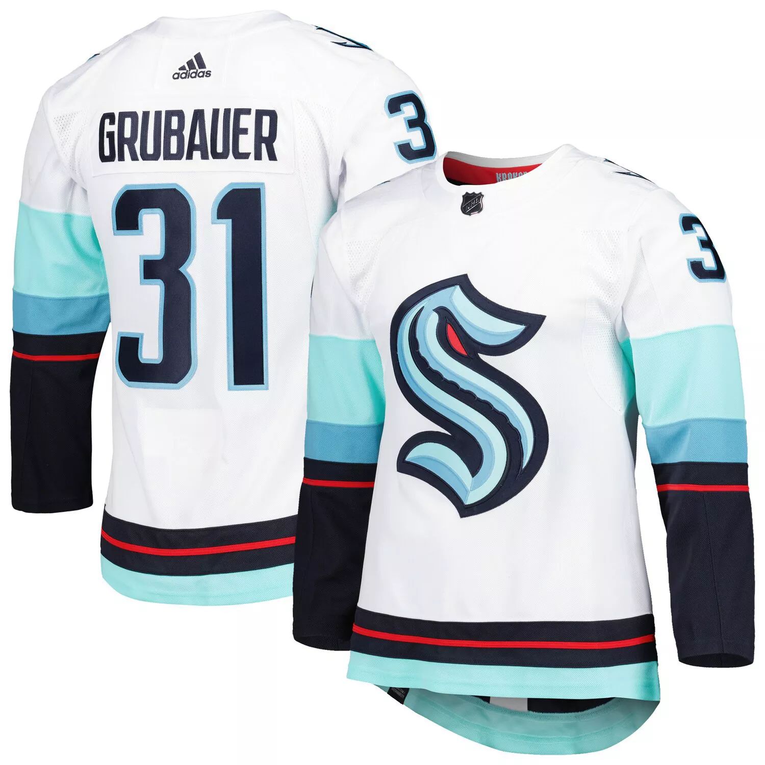 

Мужская белая футболка для выездного игрока Philipp Grubauer Seattle Kraken Primegreen Authentic Pro adidas