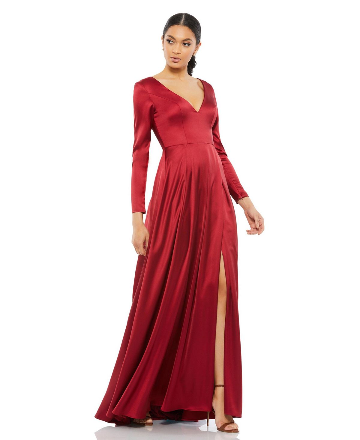 Женское атласное плиссированное платье Ieena с V-образным вырезом и длинными рукавами MAC DUGGAL