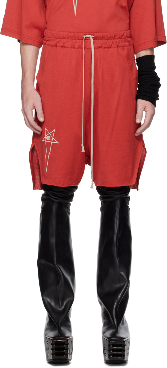 

Красные шорты со скошенной кромкой Rick Owens Champion Edition